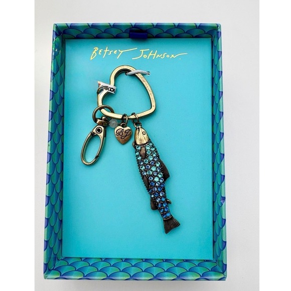 Betsey Johnson Accessories - Betsey Johnson Blue Crystal Fish Keychain Antique Gold Tone Heart Ring NIB